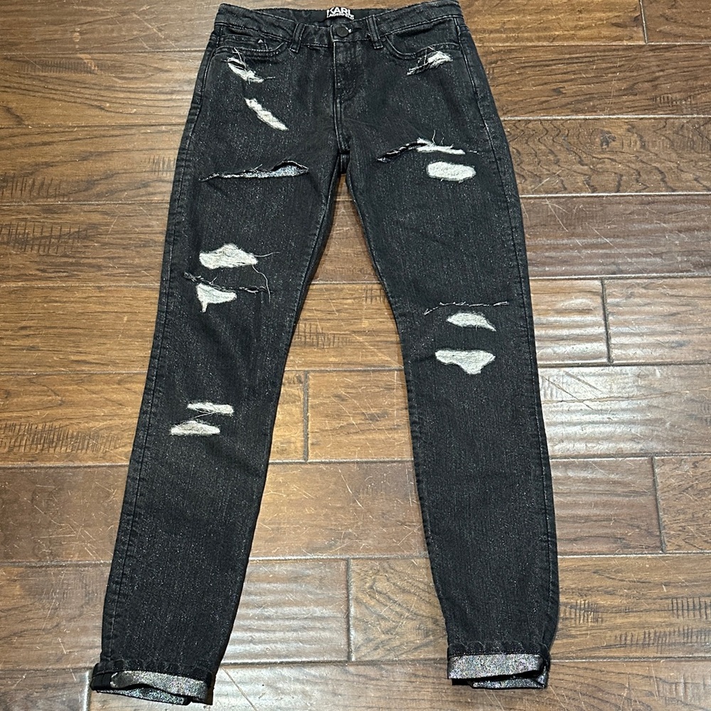 Karl‎ Lagerfeld Black Distressed Skinny Metallic Jeans size 26 Luxury Denim